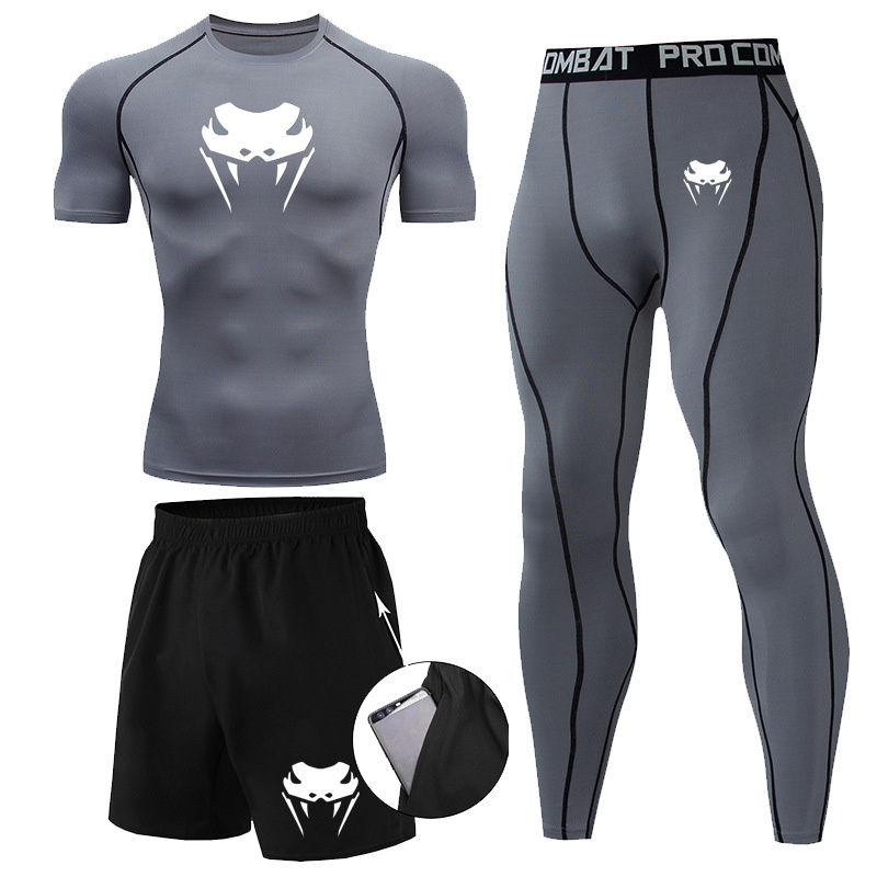 Thumbnail: Men Compression Set MMA Long or Short Sleeve T-shirt Tight Pants Fitness Clothes