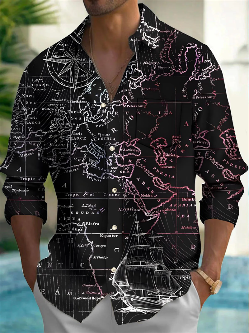 Thumbnail: Map Pint Graphic Shirts For Men Street Style Retro 3D World Map Long Sleeve Shir