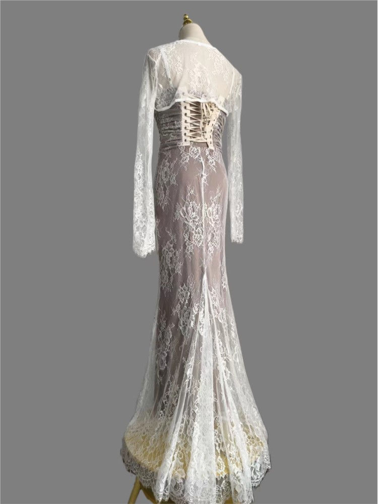 Women Vintage Elegant Bandage Mermaid Dress White Lace Wedding Evening