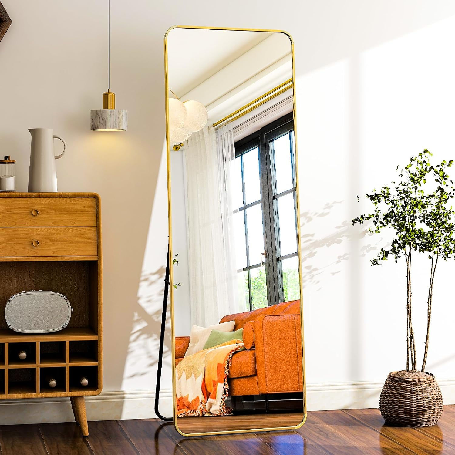 59" x 16“ Rounded Full Length Mirror Aluminum Frame Gold Mirror
