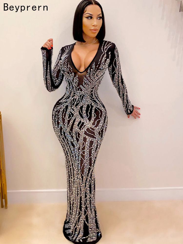 Womens Beautiful Deep V Neck Rhinestone Maxi Dress Sexy Clubwea