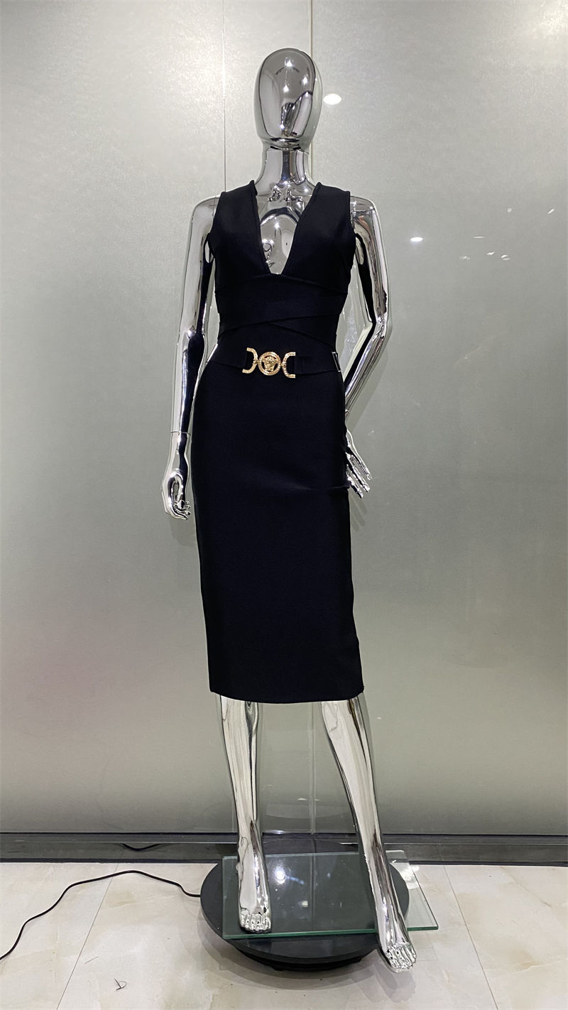 Women Sleeveless Sexy V-Neck Bodycon Midi Bandage Dress Fashion