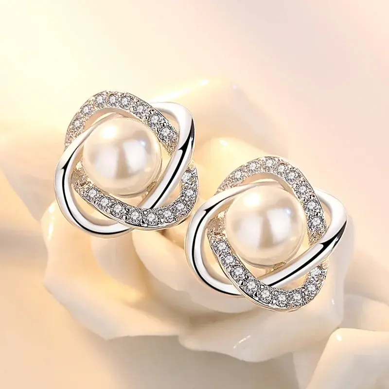 Women Silver Earrings Zircon Pearl Twist Luxury Stud Earrings