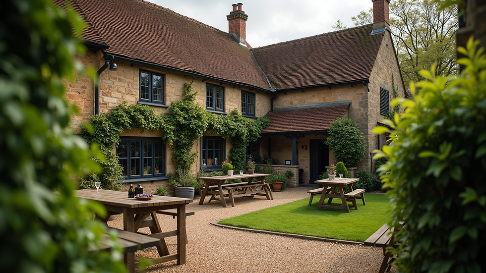 High angle view of a quaint pub with a garden