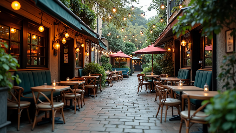 High angle view of a scenic pub with outdoor seating
