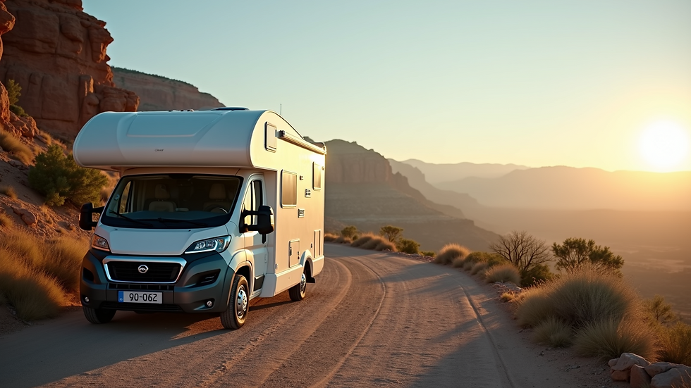 Eye-level view of a motorhome parked near a scenic overlook