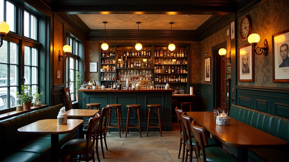 Eye-level view of a welcoming pub with vintage decor