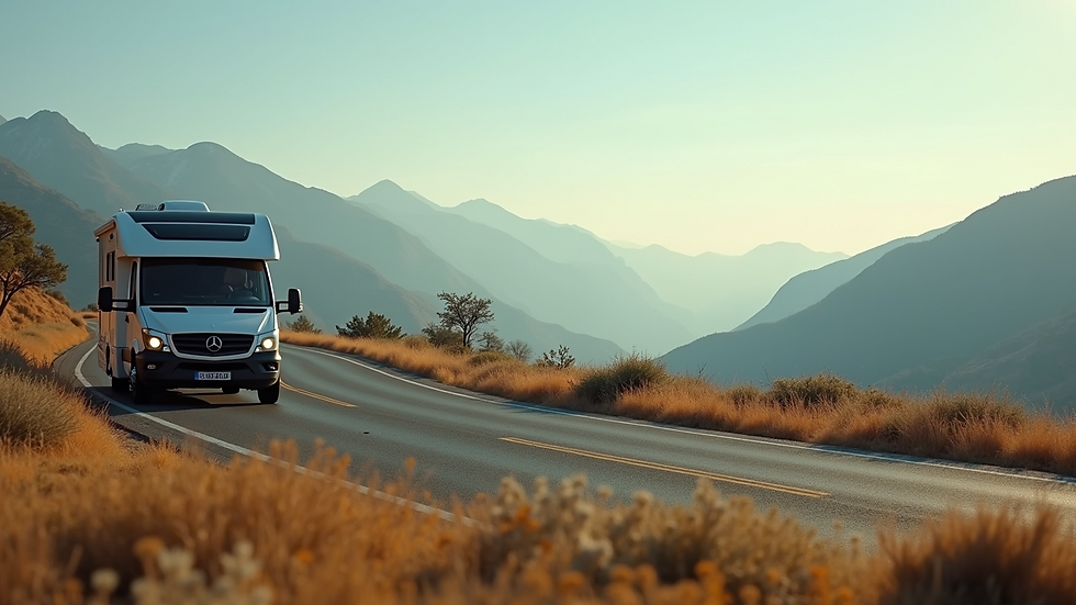 Wide angle view of a scenic route with a motorhome parked at a viewpoint