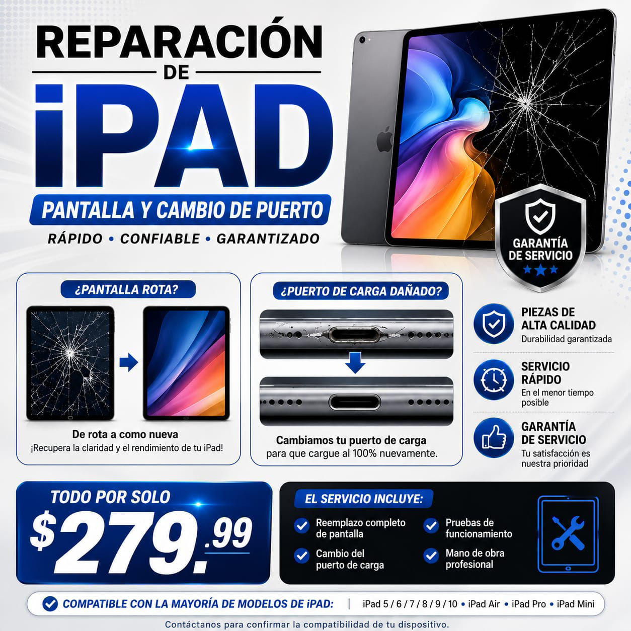 Reparación de Pantalla y Puerto de Carga para iPad – Servicio Profesional