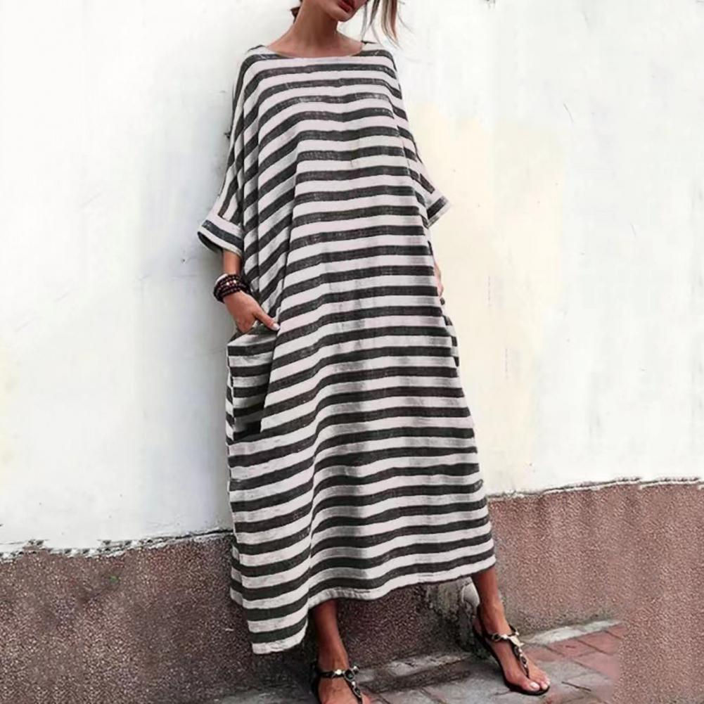 Casual Striped Print Loose Long Dress Elegant Female Home Wear Robe White Black 