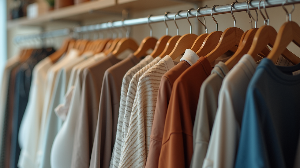 Eye-level view of a clothing rack displaying stylish maternity wear
