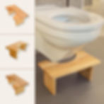 Tabouret de toilette en bois devant des toilettes avec une liste de produits sur la gauche