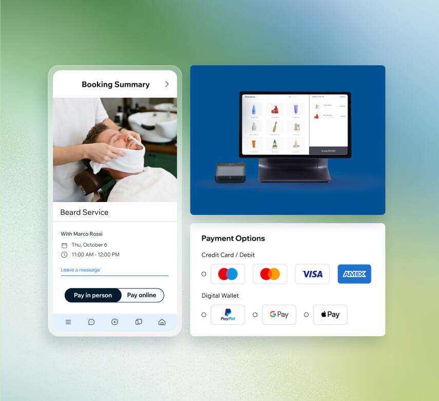 Booking summary for a beard service with online and in-person payment options, POS checkout system, and support for major credit cards and digital wallets