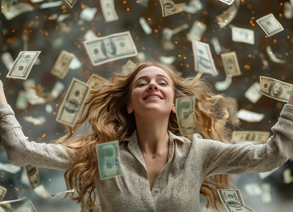 Small business owner enjoying money floating all around her because of digital marketing.