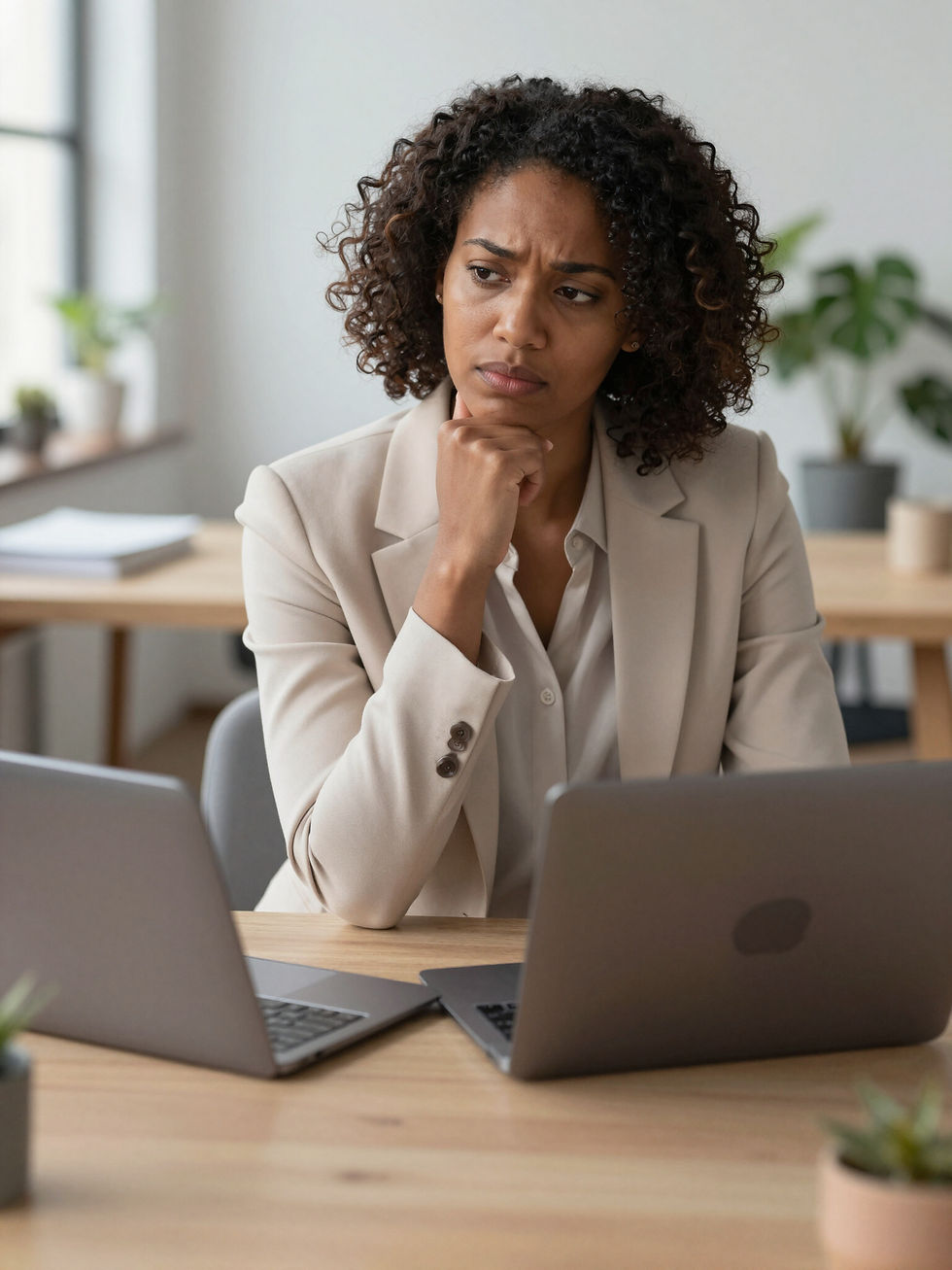 A small business owner who looks a little overwhelmed.