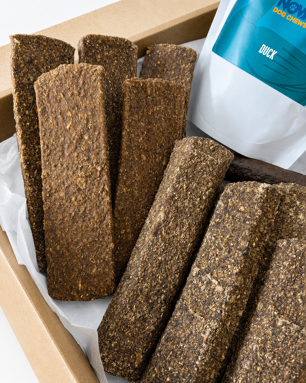 Thumbnail: Close-up of sausages, burgers, meaty strips and superfood bars for dogs