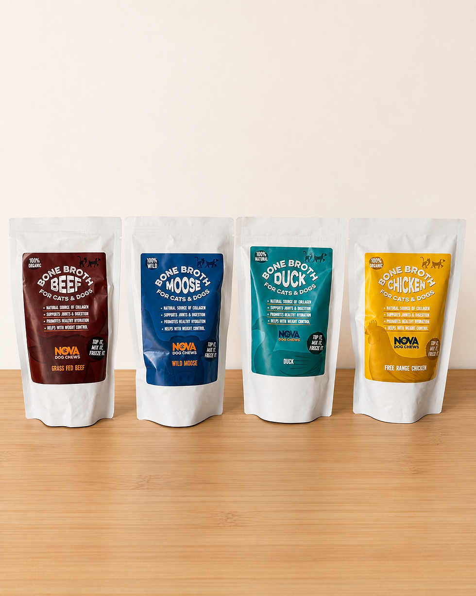 Thumbnail: Moose, duck, beef and chicken bone broth pouches for dogs