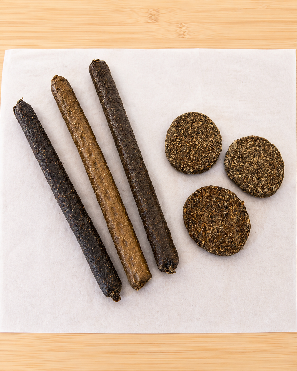 Thumbnail: Assorted dog treat sausages and burgers arranged on white paper