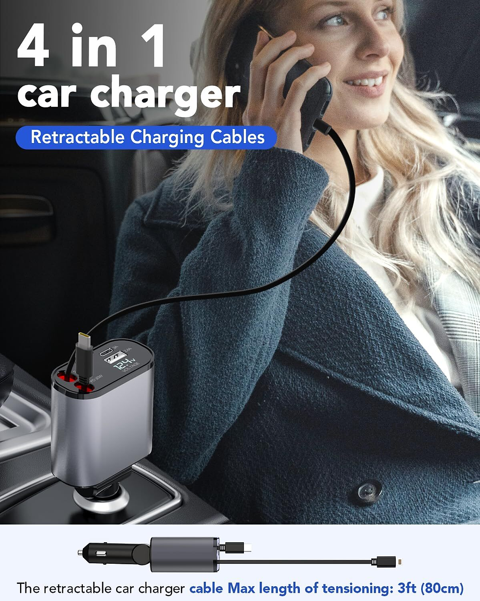 Thumbnail: Retractable 4-in-1 Dual Cable Car Charger Guard with USB-C & USB-A (80 cm)
