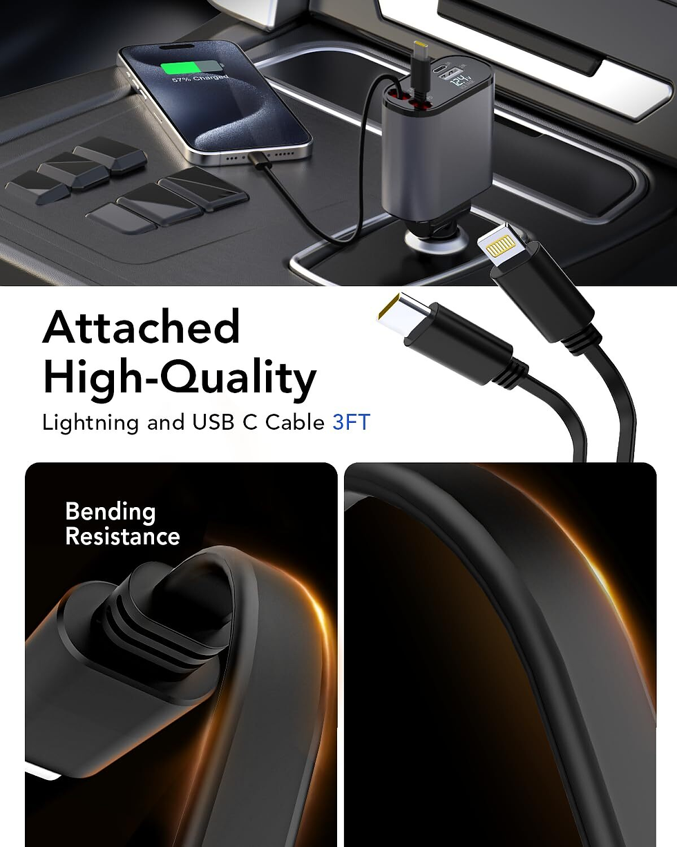 Thumbnail: Retractable 4-in-1 Dual Cable Car Charger Guard with USB-C & USB-A (80 cm)
