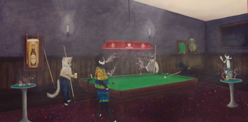 Anthropomorphic cats playing pool in a smoky bar