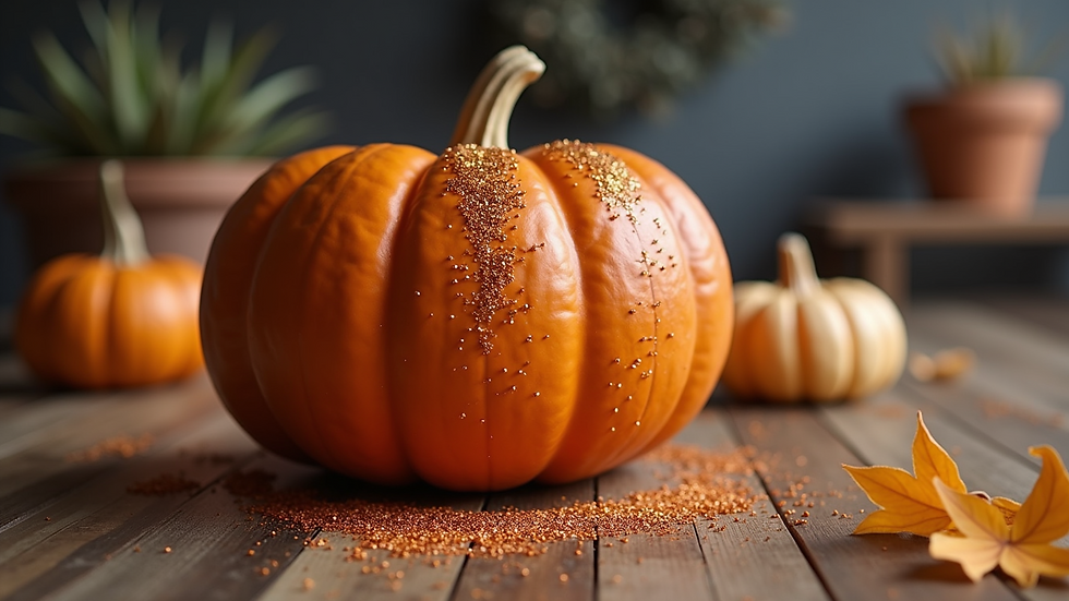 Eye-level view of a pumpkin decorated with paint and glitter on a wooden table