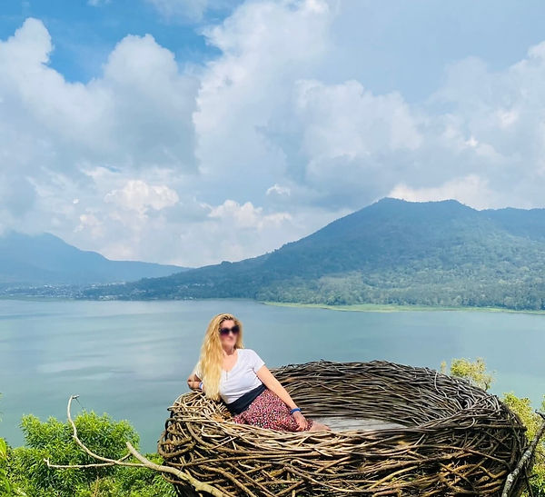bali landscape with joy sitting in a 'nest' in the foreground