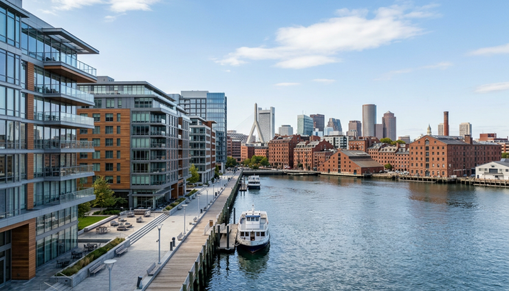 Wide-angle view of contemporary buildings along a Massachusetts waterfront.