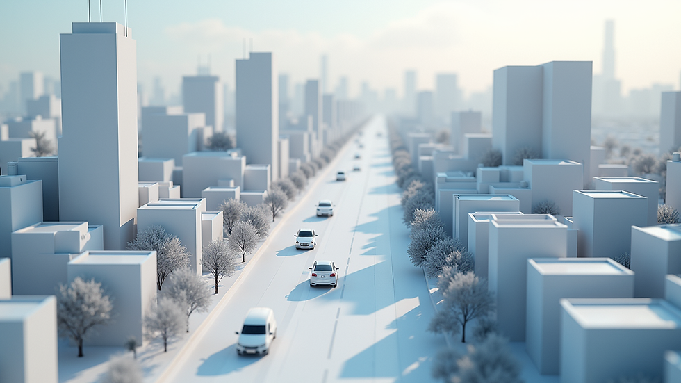 High angle view of a digital 3D model of urban infrastructure