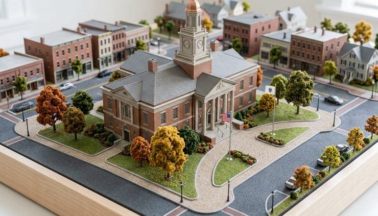 Close-up view of an architectural model showing a civic building beside trees and walkways.