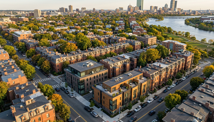 Aerial view of a compact Massachusetts neighborhood with old brick buildings and new construction.