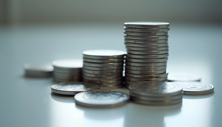 Close-up view of silver coins stacked on a reflective surface