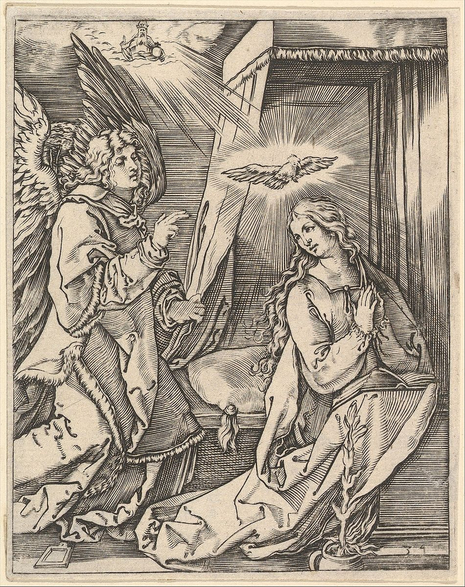 The Annunciation. on the left the archangel Gabriel approaches the praying Virgin Mary in her bedchamber, over her head a dove representing the Holy Ghost, in the sky above a figure of God the Father, after Dürer.