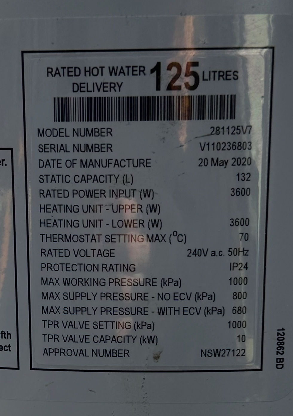 Everhot 2020 Electric Hot Water System 125L
