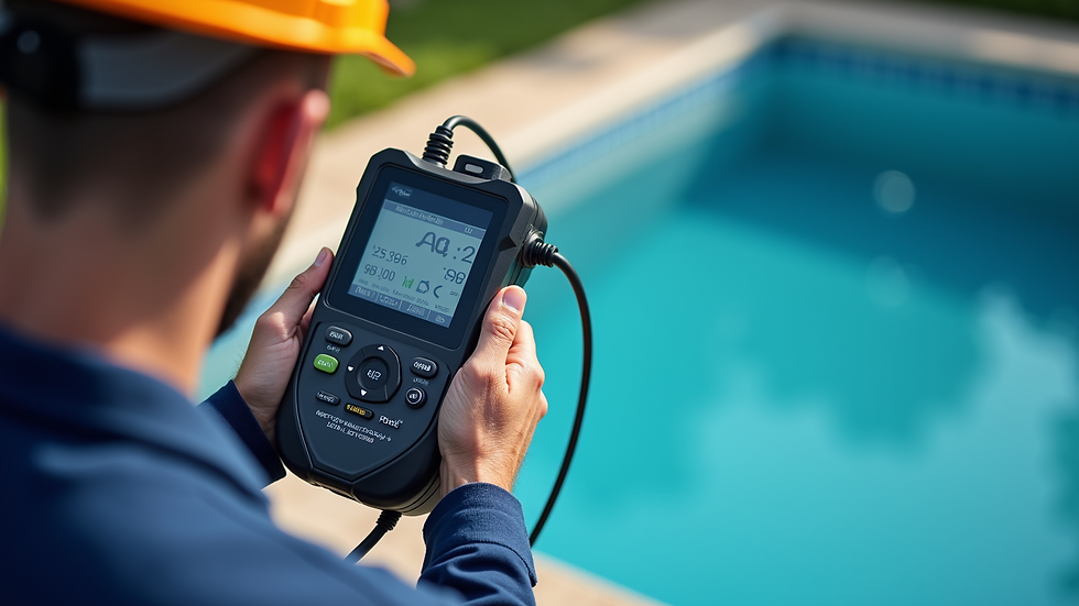 High angle view of technician using acoustic leak detection equipment near pool plumbing