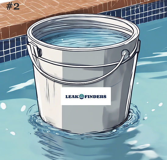 A filled bucket of water placed on the top step of the pool, with a piece of tape marking