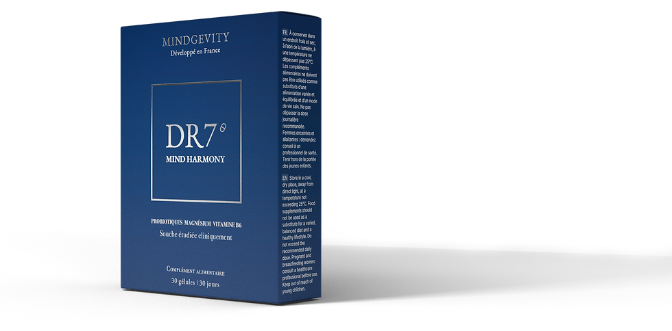 Front view of the DR7 Mind Harmony food supplement box