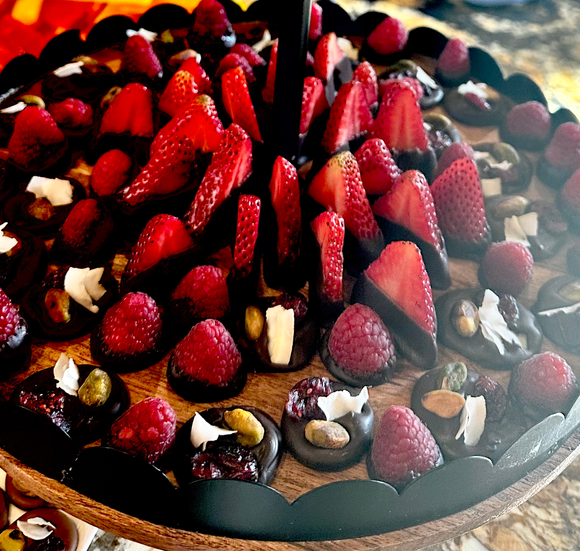 Vegan chocolate clusters and dipped fruits.