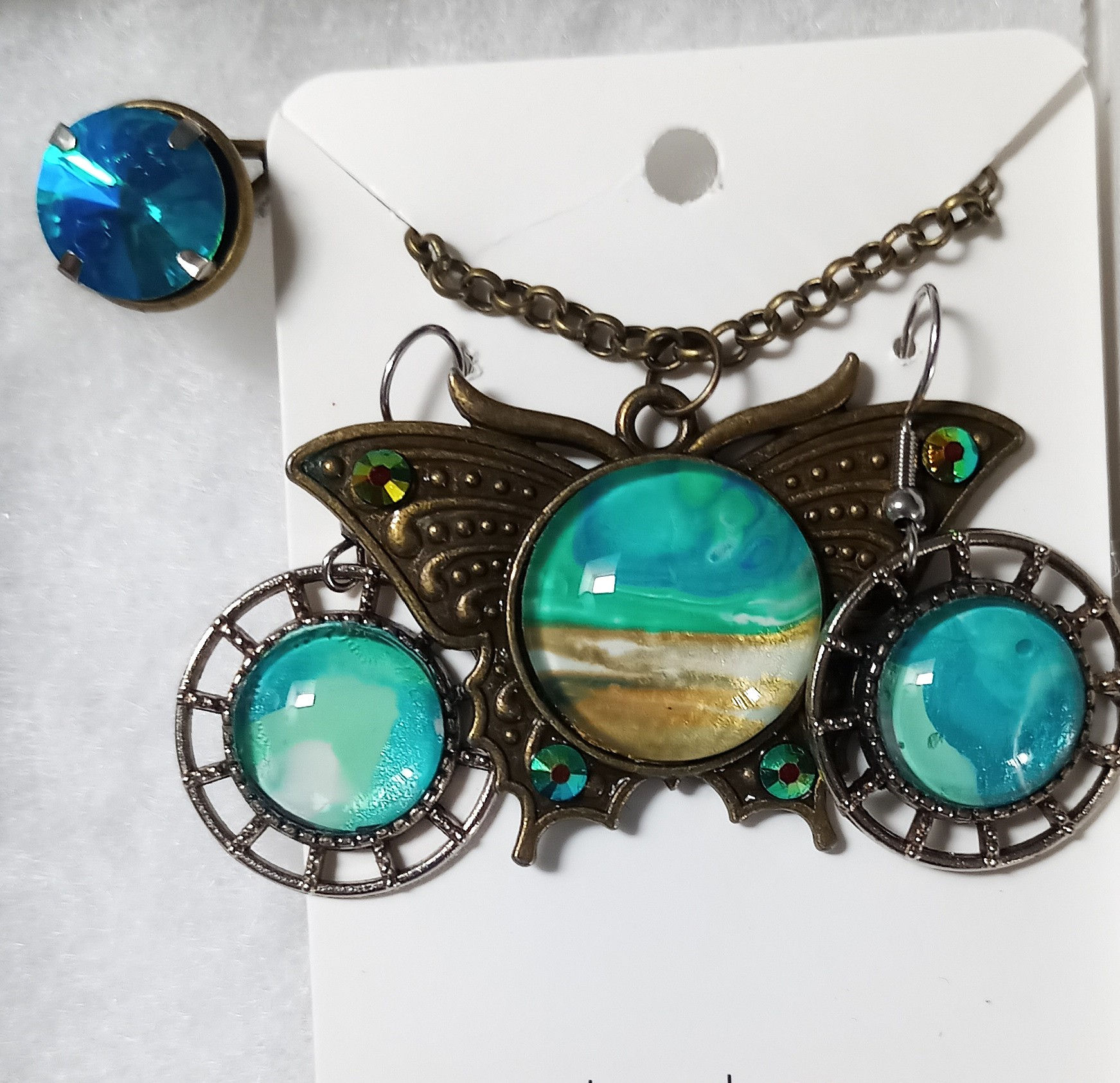 Aqua Beach Peacock Rhinestone Butterfly Set