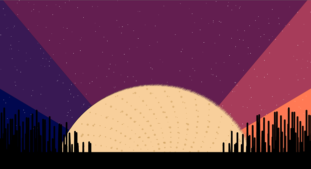An piece of art created in the R programming language. The image shows the top half of a full moon, with a night sky and stars in the background. Abstract lines and a black border exists in the foreground.
