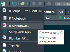 A screenshot of the R Studio IDE's menu to create a new document. "R Markdown" is third on the list an highlighted with the alt text: "Create a new R Markdown document" displayed.