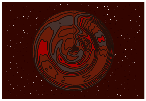 A ggplot image of a two data sets combined. The background image is dark red and filled with white points to emulate stars. The foreground has a circular figure that styled to look like a planet.