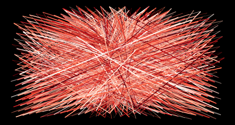 An abstract piece of art created in the R programming language. A mess of red and white lines strewn about the image.