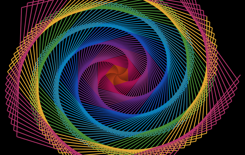 An abstract set of lines that are jutting out of the center of the image on a black background in a circular and overlapping fashion. The lines are colored with different colors of the rainbow in an incremental fashion. Created in the R programming language.
