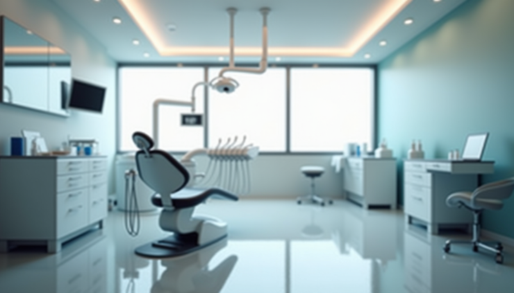 Eye-level view of a modern dental clinic interior in Vietnam with dental chairs and equipment