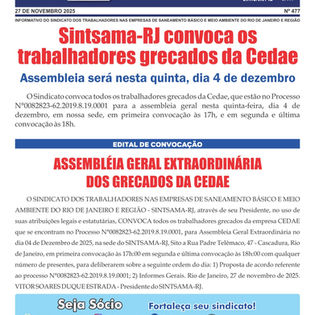 Sintsama-RJ convoca os trabalhadores grecados da Cedae