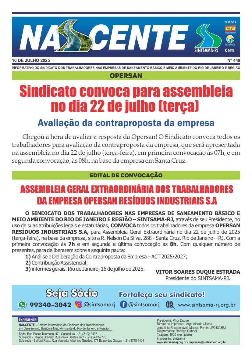 OPERSAN: Sindicato convoca para assembleia no dia 22 de julho (terça)