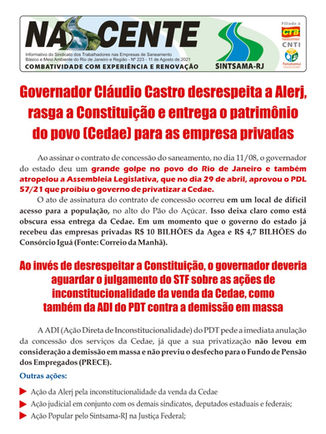 Governador desrespeita a Alerj, rasga a Constituição e entrega o patrimônio do povo (Cedae)