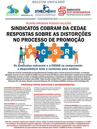 Sindicatos cobram da Cedae respostas sobre as distorções no processo de promoção