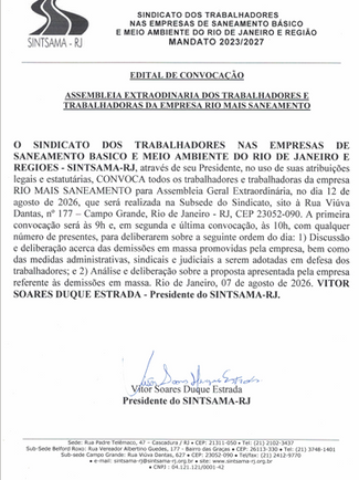 Edital: assembleia da Rio+Saneamento